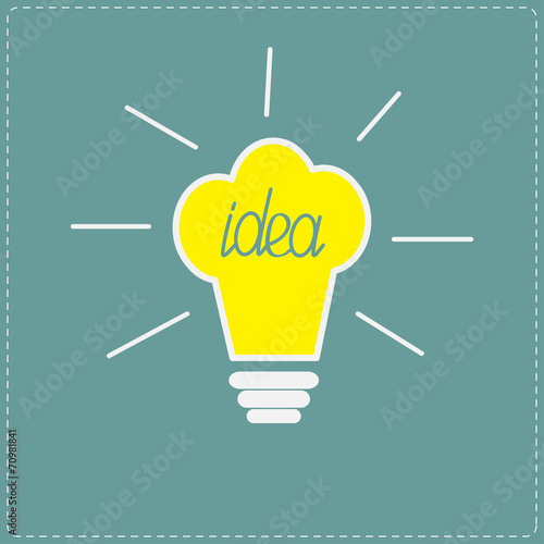 Chef hat yellow idea light bulb with shining lines. Flat 