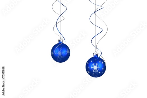 Two hanging blue bauble decorations