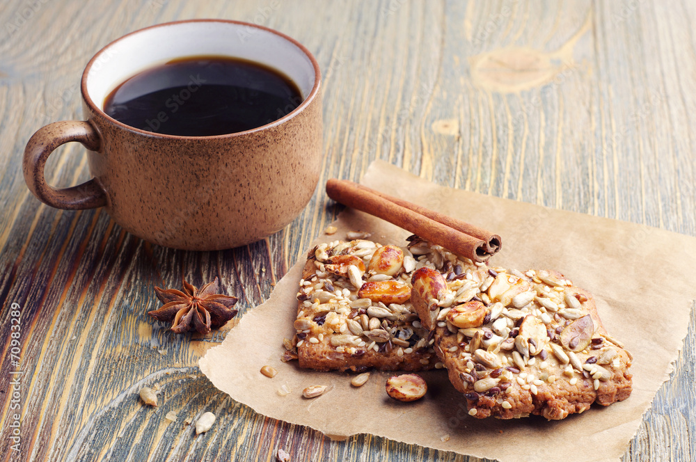 Fototapeta premium Cookies with nuts and coffee