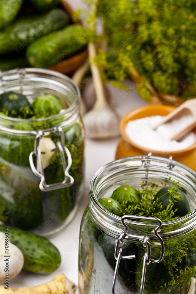 Homemade pickles in brine with garlic, dill and horseradish Homemade pickles in brine with garlic, dill and horseradish