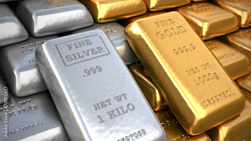 Silver ingot and  gold bullion. Finance illustration photo