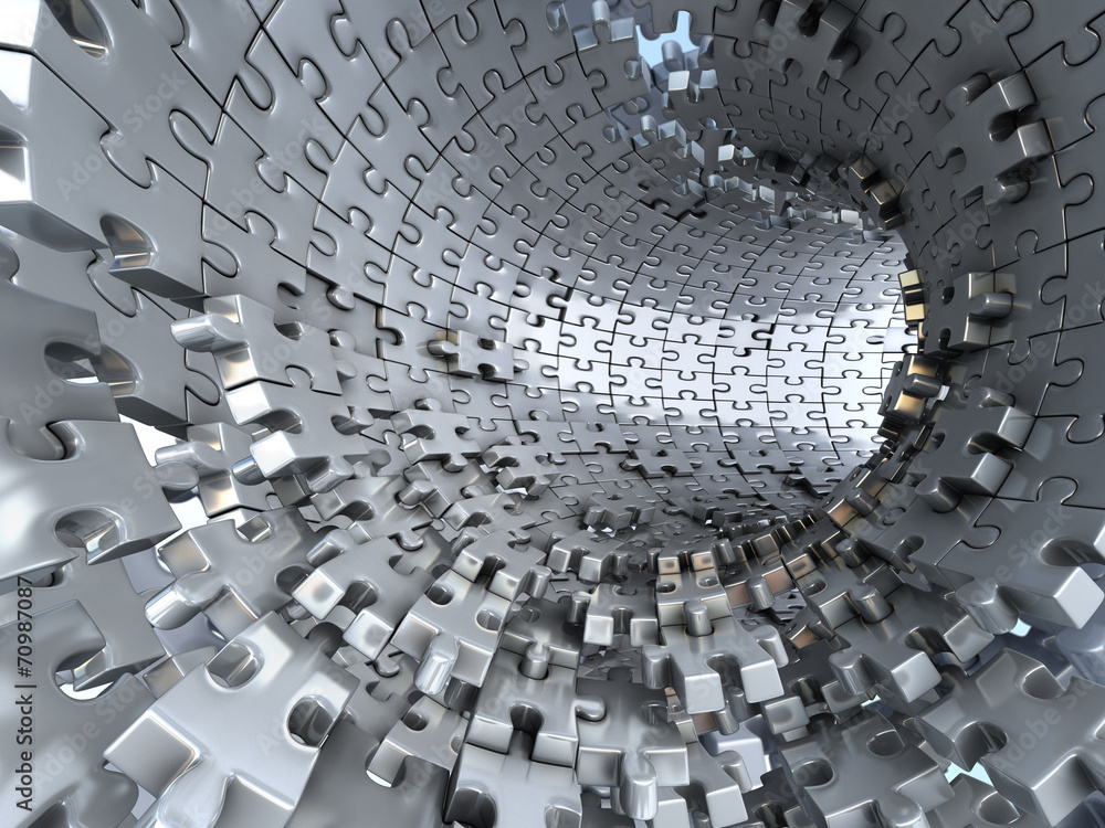 Tunnel made of metallic puzzles.  Conceptual 3d illustration, - obrazy, fototapety, plakaty 