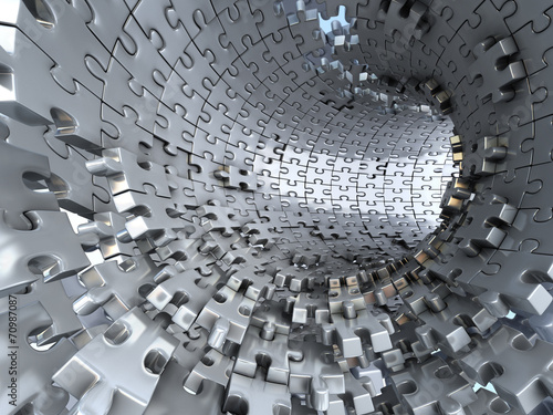 Tunnel made of metallic puzzles. Conceptual 3d illustration,
