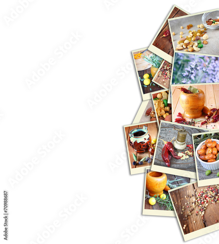Images with a variety of different spices and spice grinder. col