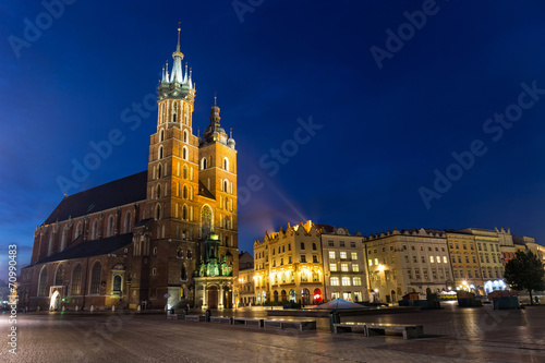 St. Mary's Church at night in Krakow, Poland.