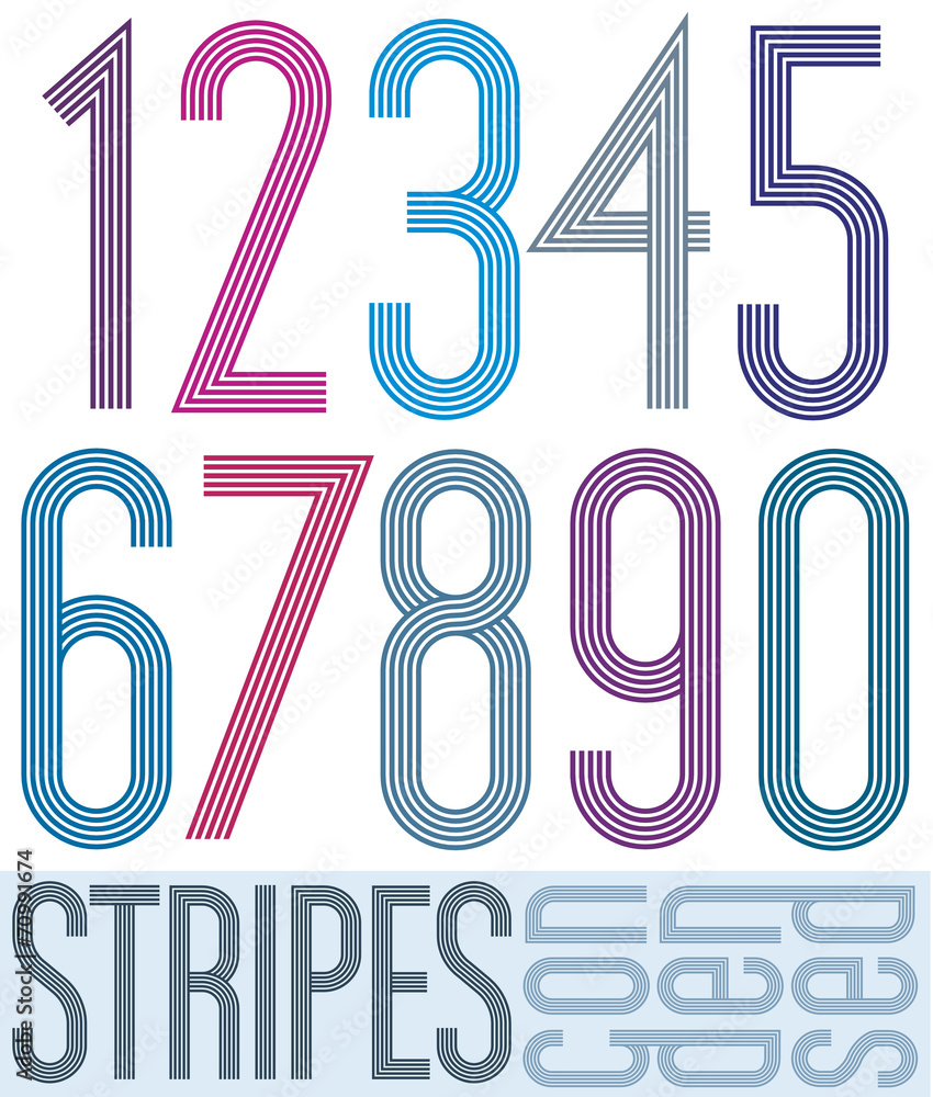 Poster retro condensed colorful numbers with stripes on white ba