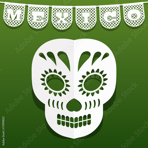 mexican papel picado decoration vector papercraft mexico bunting and skull on green background