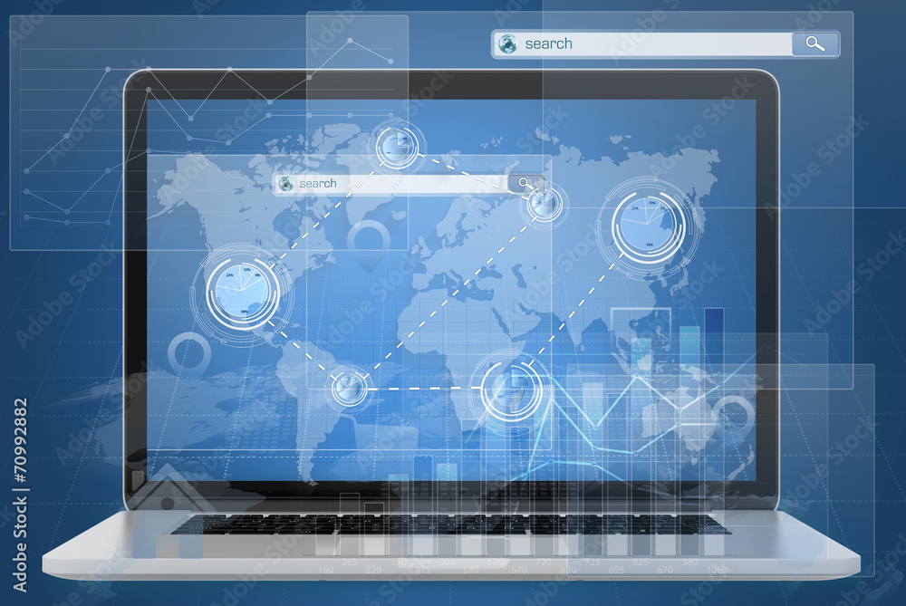 Laptop and dialogs with search menu in the global network. Laptop and dialogs with search menu in the global network.