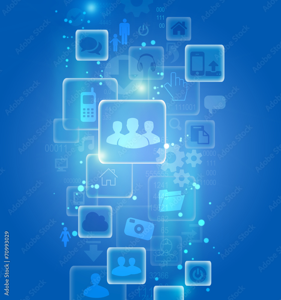 Set of icons in an abstract visualization on a blue background. Set of icons in an abstract visualization on a blue background.