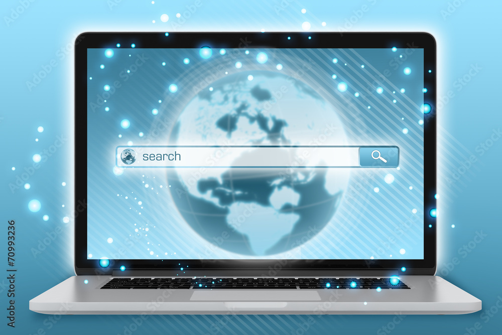 laptop with the planet on screen and search menu. laptop with the planet on screen and search menu.