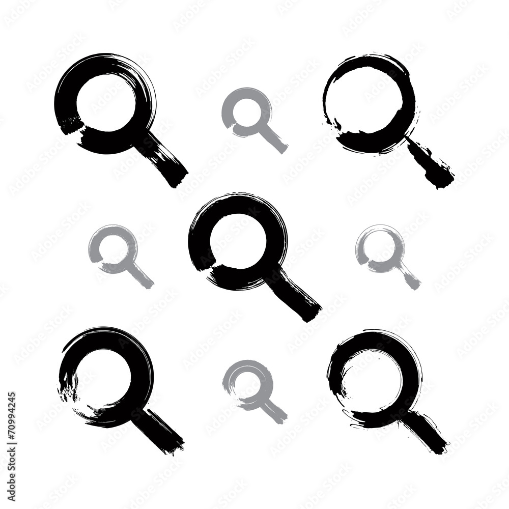 Set of hand-painted monochrome magnifying glass icons isolated o Set of hand-painted monochrome magnifying glass icons isolated o