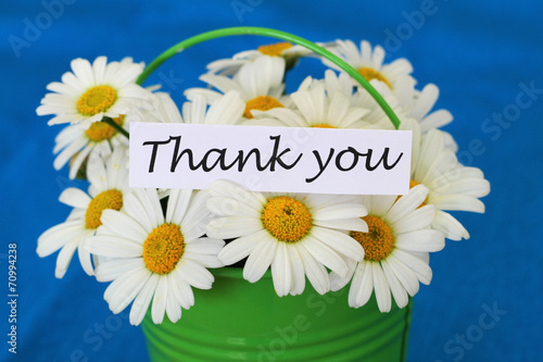 Fototapeta Naklejka Na Ścianę i Meble -  Thank you card with white daisies on blue background