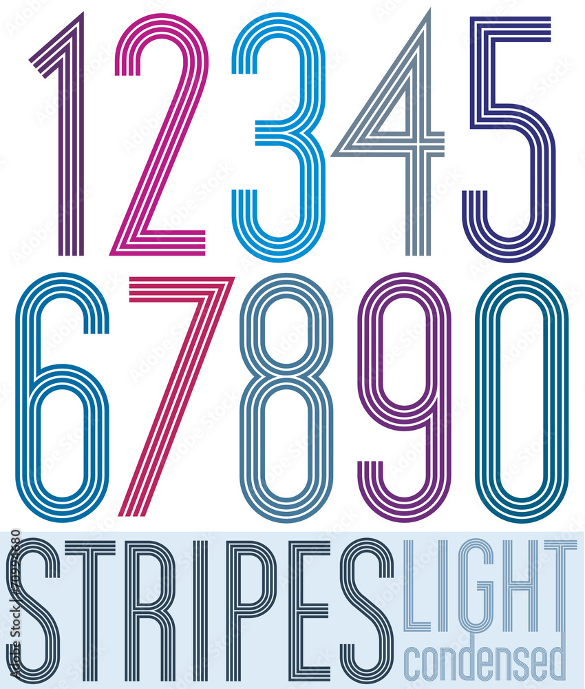 Naklejka premium Poster retro condensed colorful numbers with stripes on white ba