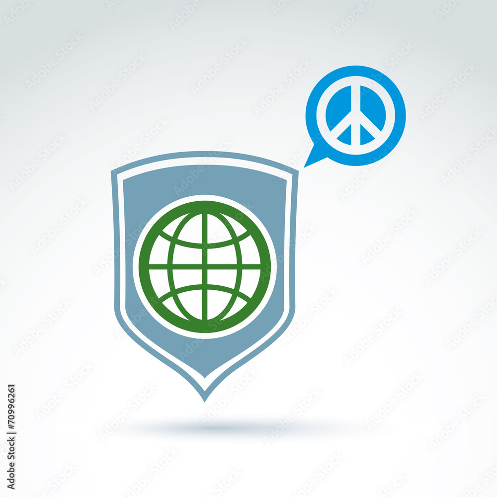 Round antiwar vector icon, green planet on a shield and speech b Round antiwar vector icon, green planet on a shield and speech b