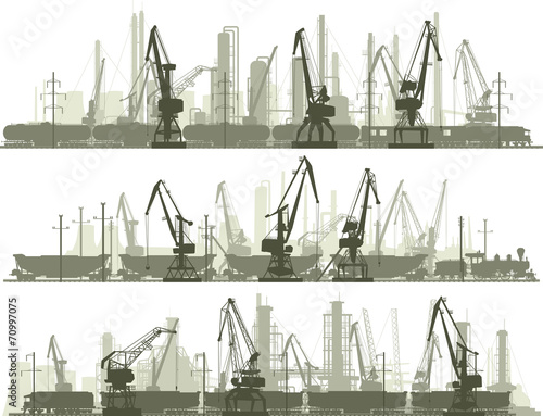 Horizontal lines of  industrial city with cargo crane tower.