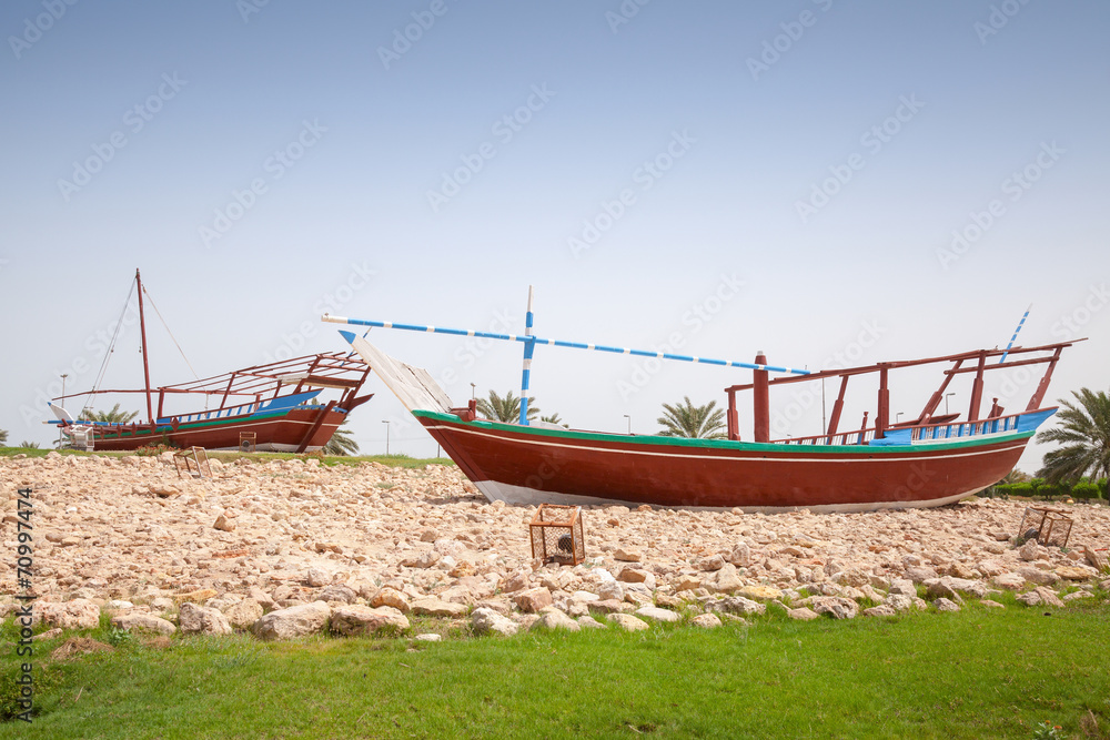 Stylized Arabic wooden ships. Monument in Ras Tanura, Saudi Arab