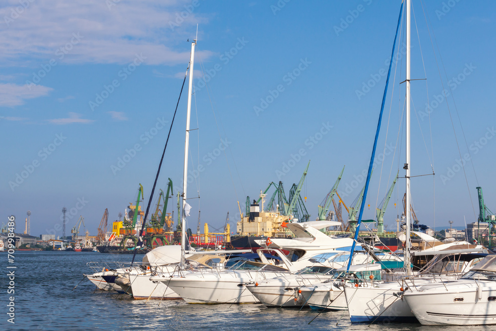 Yachts and pleasure boats are moored in port of Varna, Bulgaria