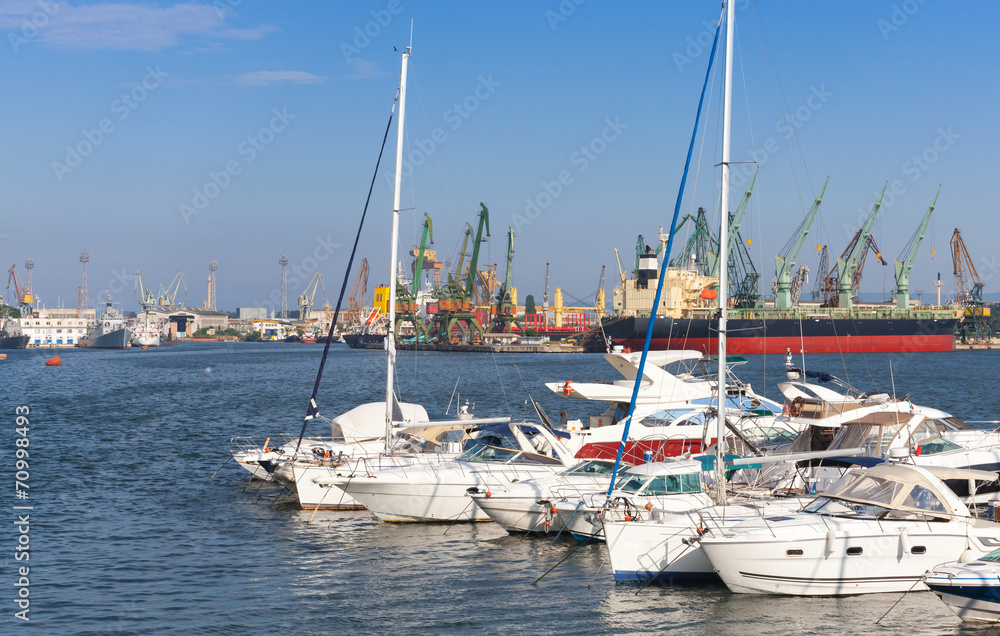 Sailing yachts and pleasure boats are moored in port of Varna