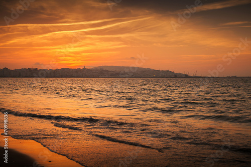 Atlantic ocean  red sunset in Tangier  Morocco