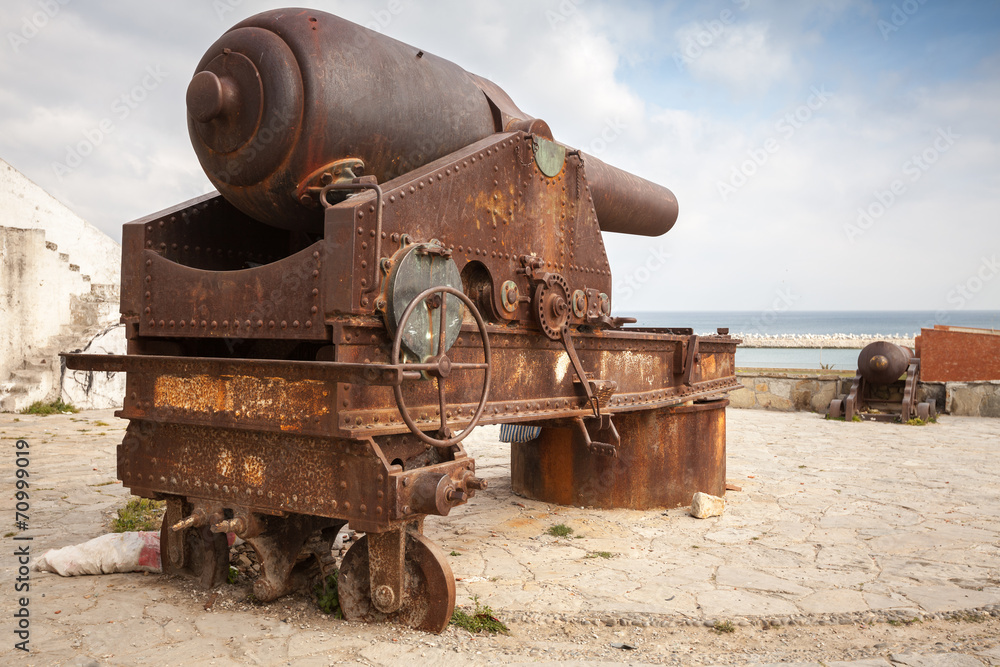 Old big rusted coastal cannon in Medina of Tangier, Morocco