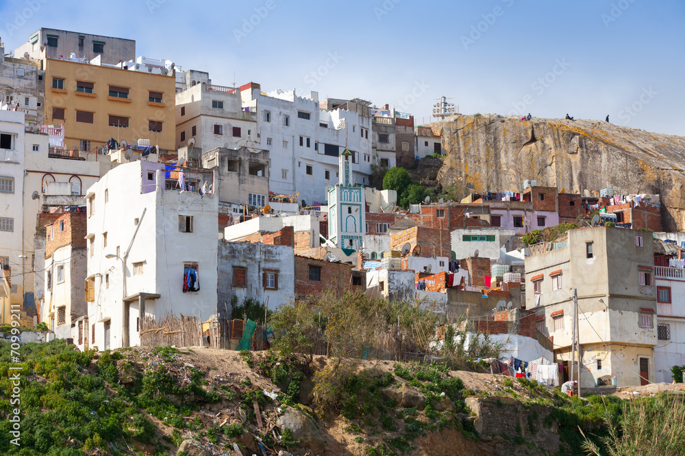 Street view with traditional colorful houses. Tangier, Morocco