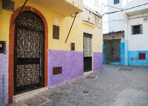 Colorful walls and doors in Medina, old part of Tangier, Morocco