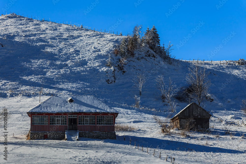 rustic house on a snowy field