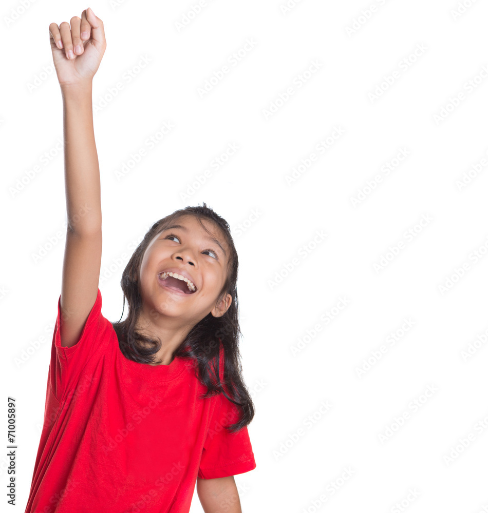 Young Asian girl raising her hands over white background Young Asian girl raising her hands over white background