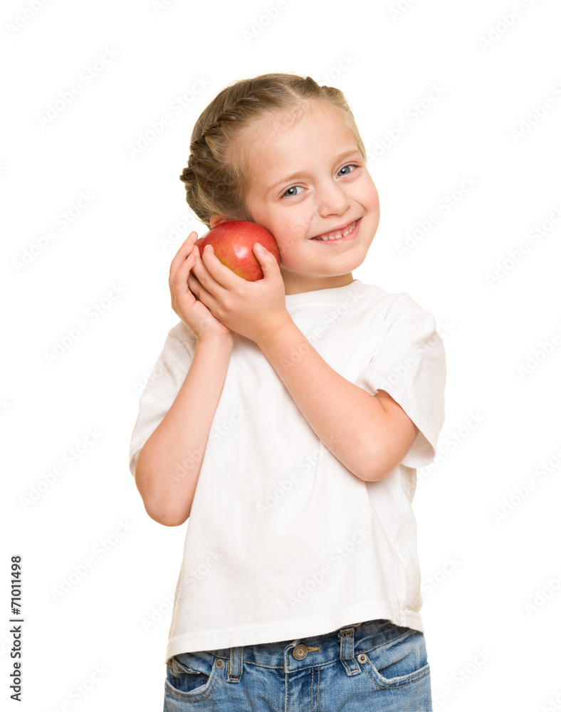 little girl with fruits and vegetables on white little girl with fruits and vegetables on white