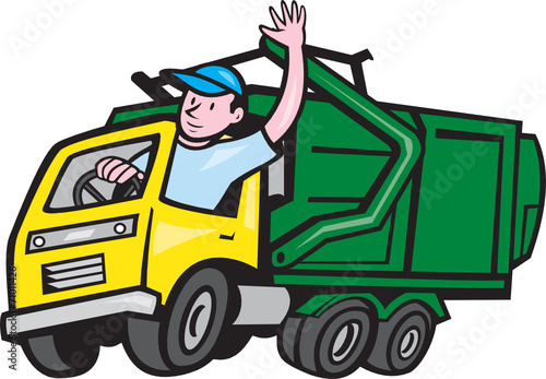 Garbage Truck Driver Waving Cartoon