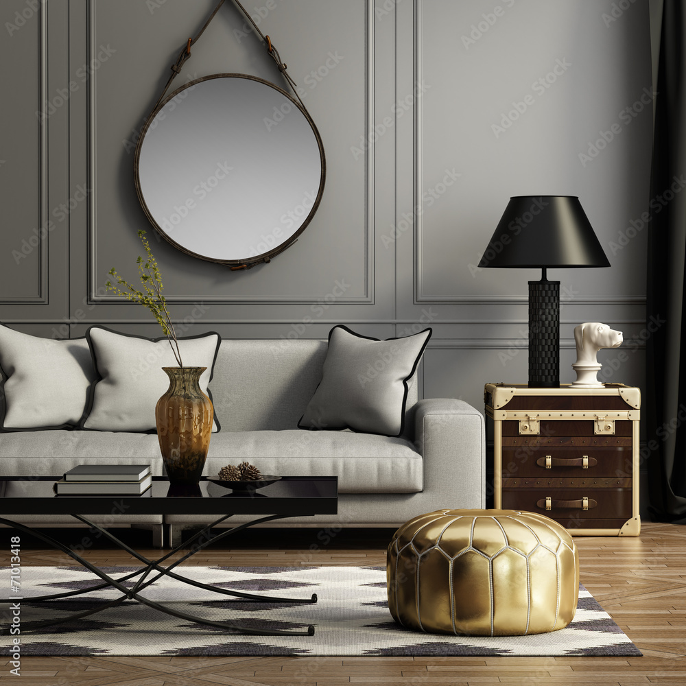 Contemporary elegant grey living room - obrazy, fototapety, plakaty 