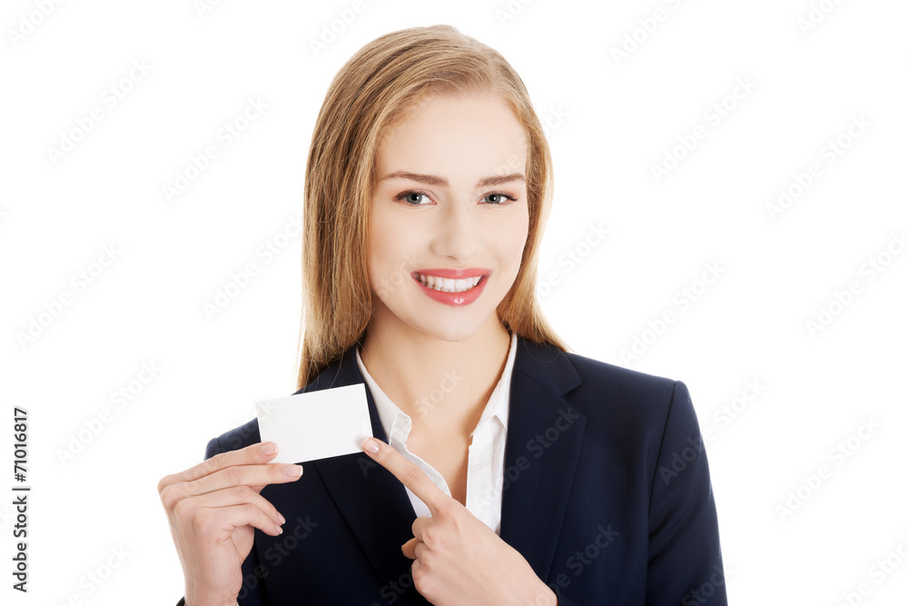 Beautiful smiling businesswoman with businesscard Beautiful smiling businesswoman with businesscard