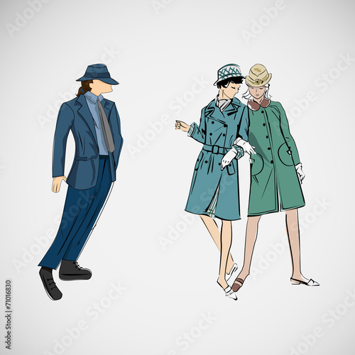 Vector sketch girls and man in fashion clothes