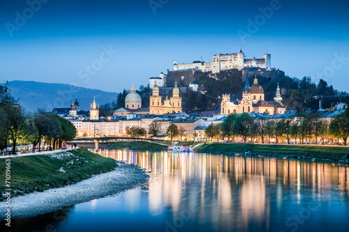 Salzburg cityscape with Salzach river at dusk, Austria