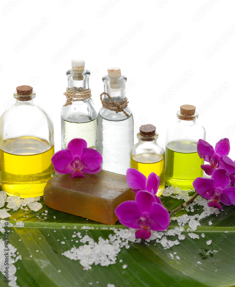 Spa set on banana leaf with pile of salt Spa set on banana leaf with pile of salt