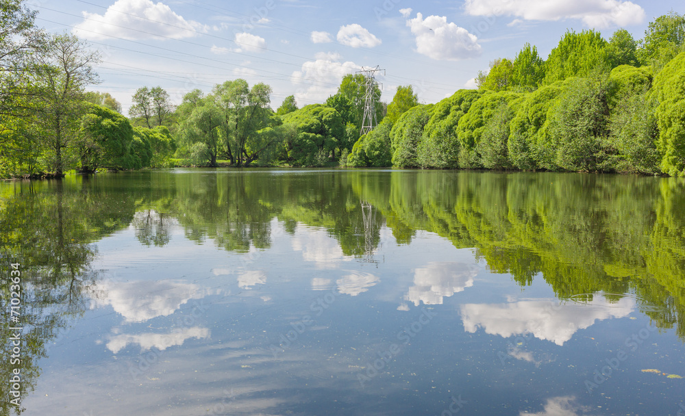 Sky and clouds reflection on lake.