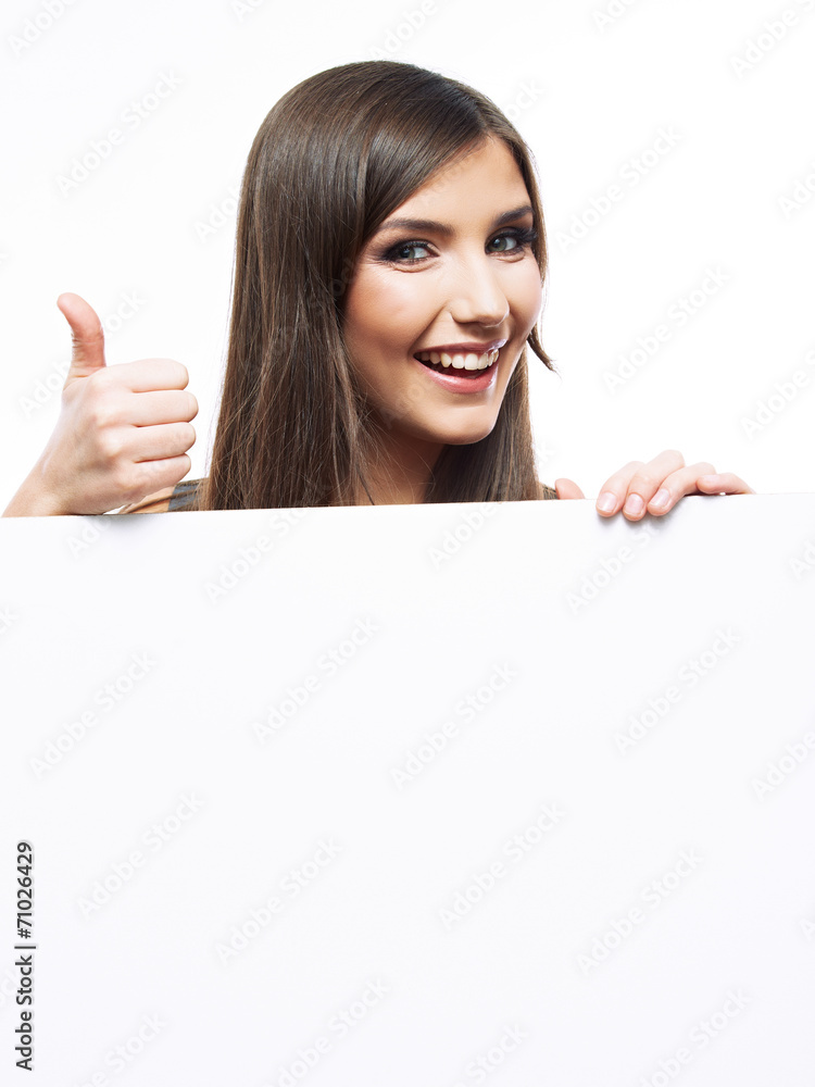 Smiling business woman with big blank board Smiling business woman with big blank board