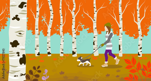 Dog walking in Autumn nature