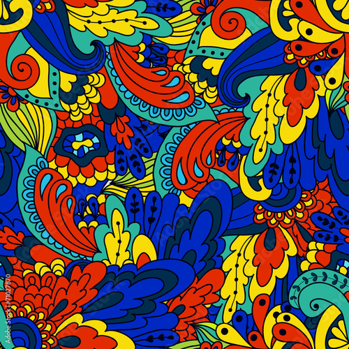 Hand-drawn doodle waves floral pattern, abstract green leaves an