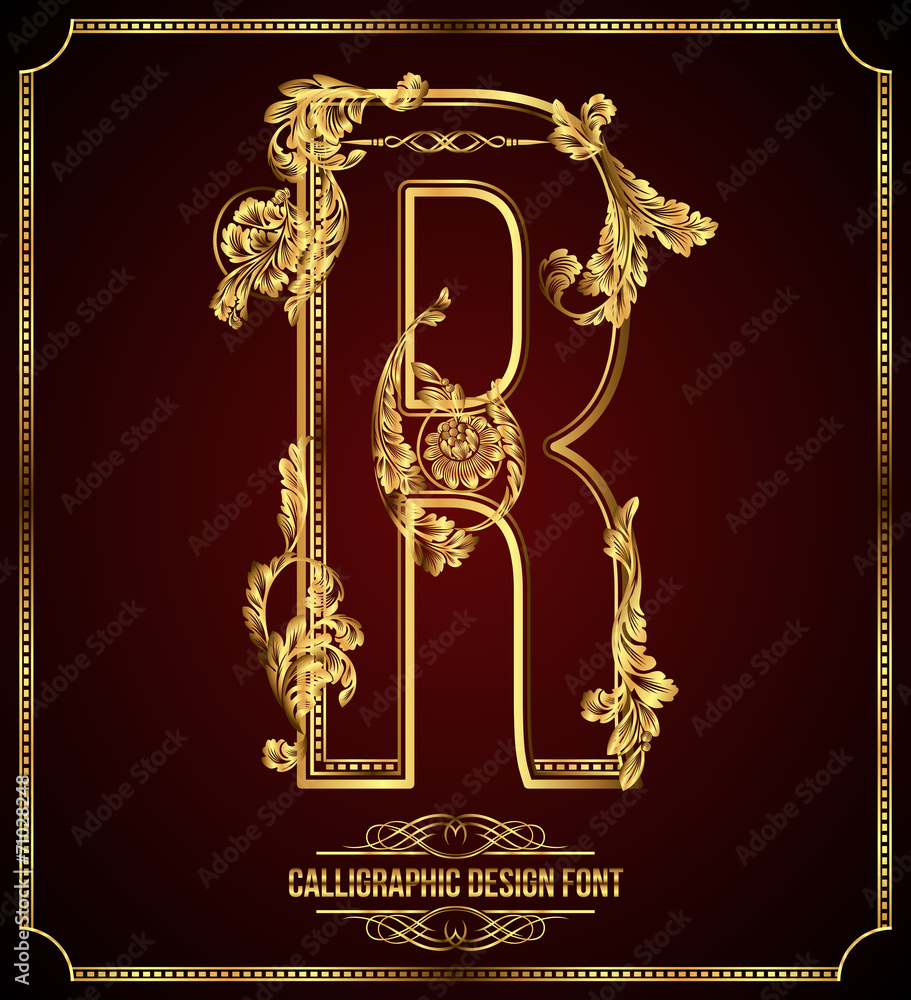 Calligraphic Design Font with Typographic Floral Elements. R Calligraphic Design Font with Typographic Floral Elements. R