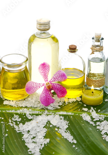 Spa set on banana leaf with pile of salt