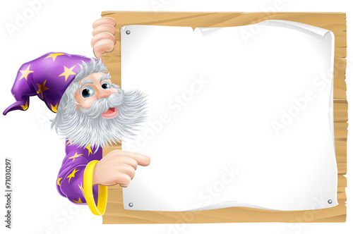 Wizard and wooden sign