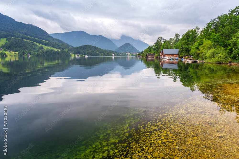 Idyllic Grundlsee lake in Alps mountains, Austria