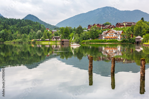 Idyllic Grundlsee lake in Alps mountains, Austria