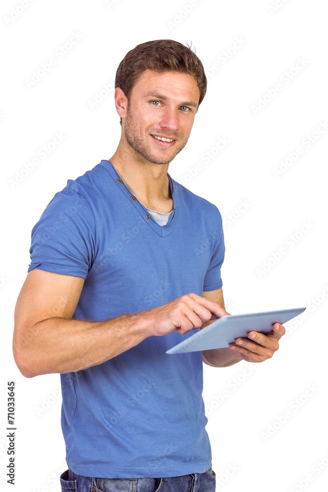 Man scrolling through tablet pc Man scrolling through tablet pc