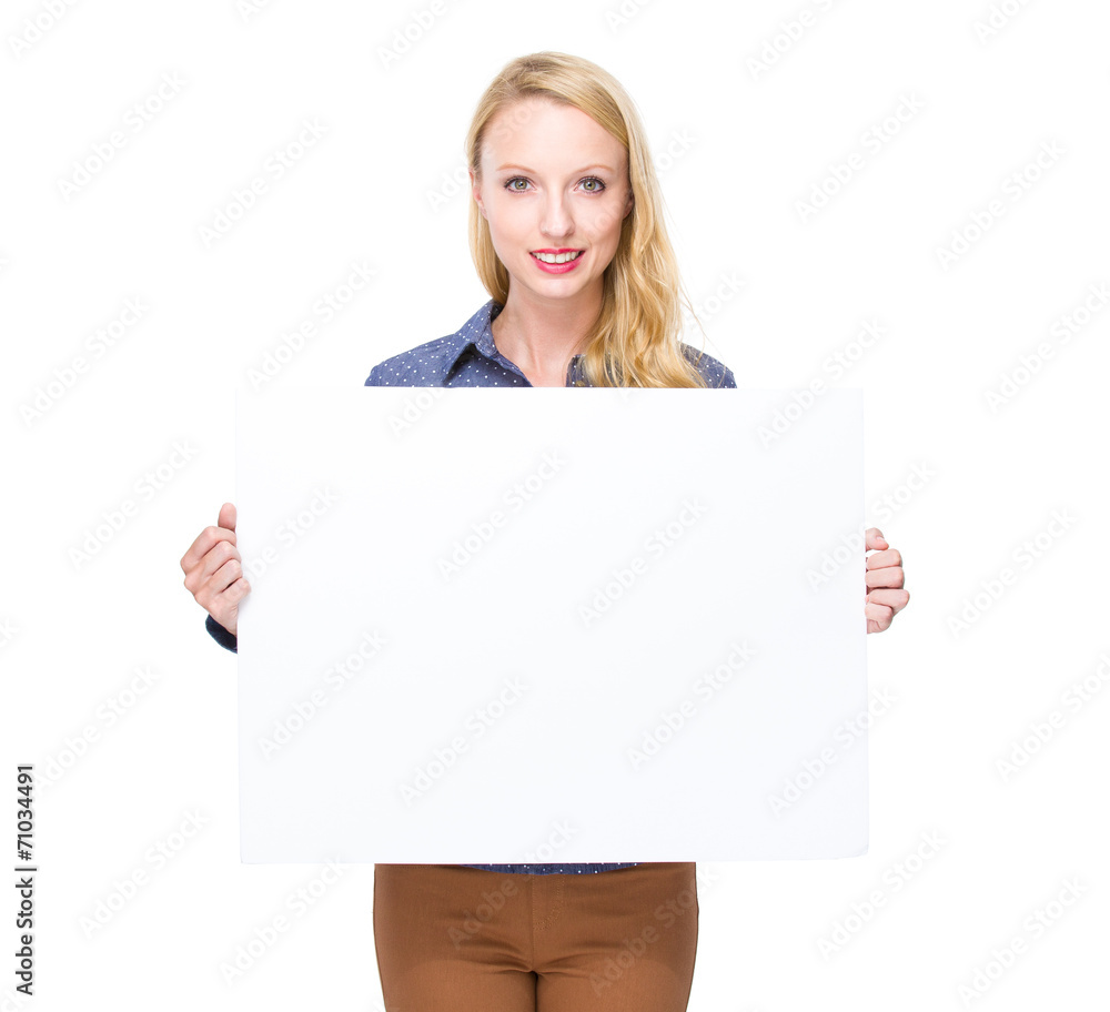 Caucasian woman hold blank board Caucasian woman hold blank board