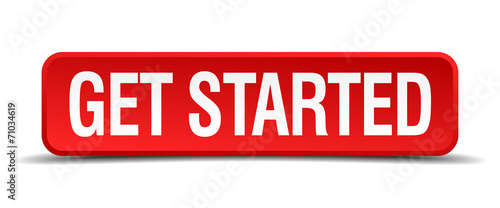 get started red 3d square button on white background