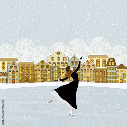Girl skating at the rink in front of the houses