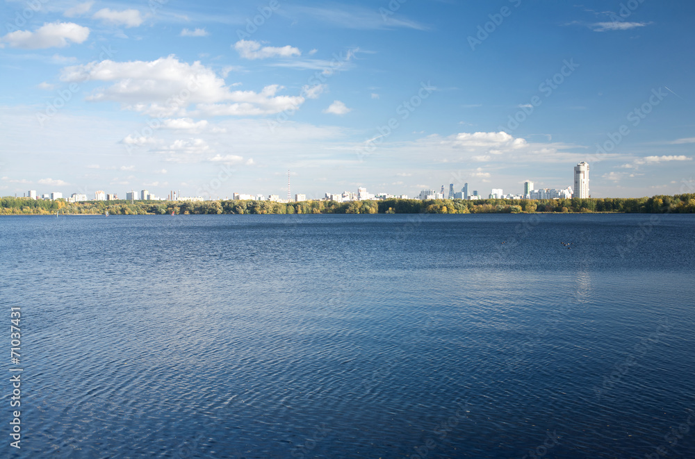 View of Moscow from Stroginsky Bay on sunny autumn day