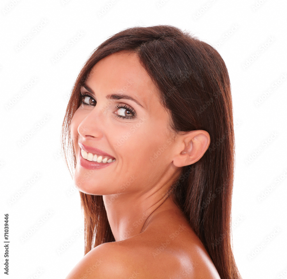 Latin woman showing her facial care Latin woman showing her facial care